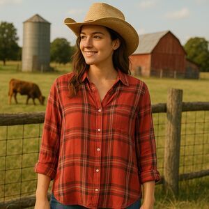 Hester & Orchard Womens Large Orange Plaid Flannel Farmcore Country‎ Shirt Top